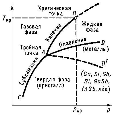 Рис. 1. Диаграмма состояния чистого вещества. Линии AD и AD