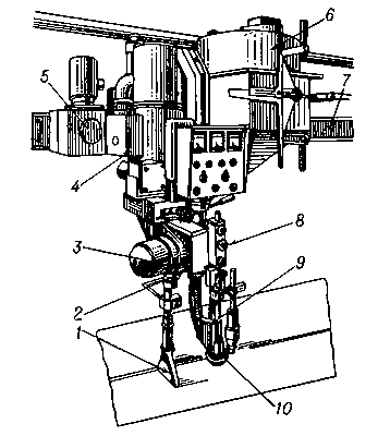 Рис. 4. Сварочный автомат для дуговой сварки: 1 — флюсоотсос; 2 — сварочная головка; 3 — механизм подачи с редуктором; 4 — механизм подъема; 5 — ходовой механизм; 6 — флюсоаппарат; 7 — рельсовый путь; 8 — подающий ролик; 9 — мундштук; 10 — воронка для флюса.