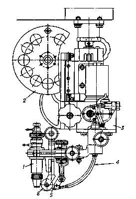 Рис. 5. Сварочный автомат для электросварки неплавящимся вольфрамовым электродом с подачей присадочной проволоки: 1 — горелка; 2 — катушка; 3 — механизм подачи; 4 — направляющий шланг; 5 — наконечник; 6 — прижимной ролик.