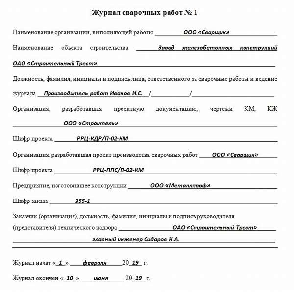 Образец заполнения титульного листа