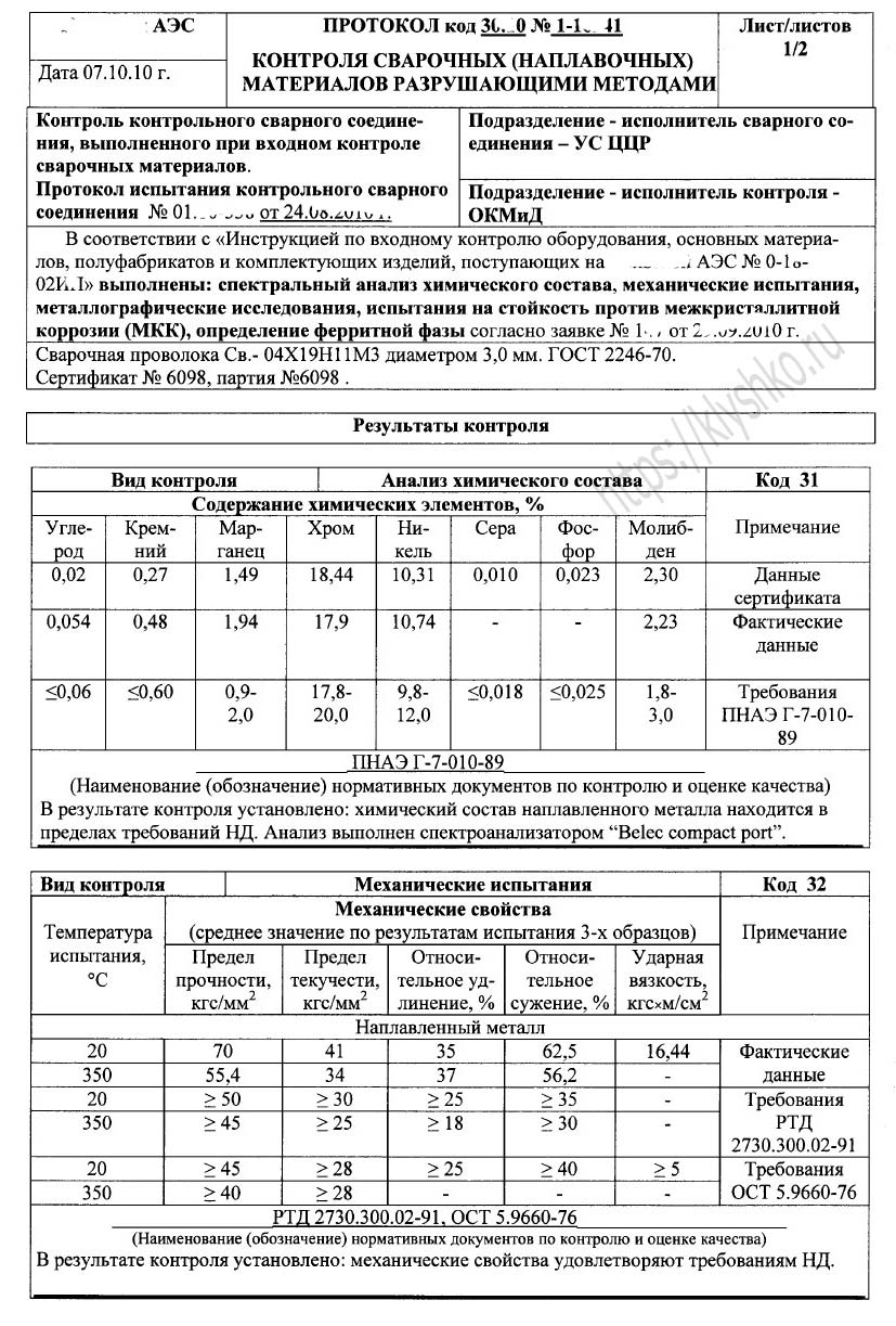 Протокол механических испытаний сварных соединений образец