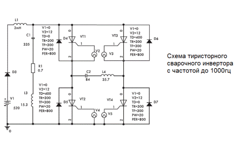 Схема тиристорного сварочног инвертора с частотой до 1000гц