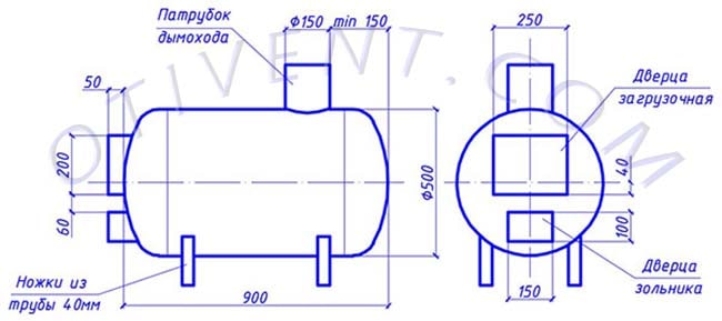 Чертеж банной печки, сделанной из трубы