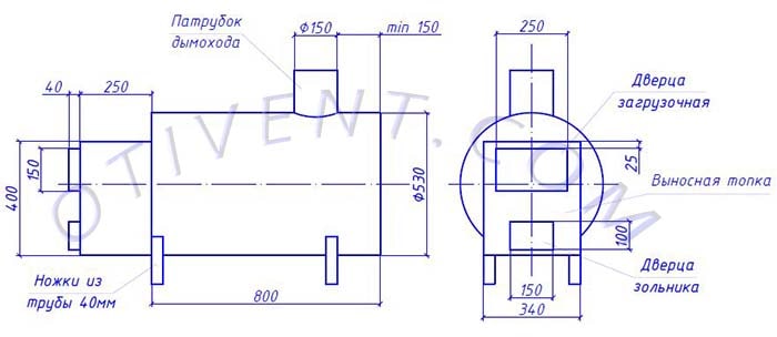 Чертеж дровяной печи с вынесенной топкой