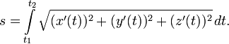 s = \int\limits_{t_1}^{t_2} \sqrt { (x